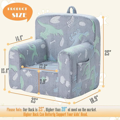 Snuggly-Soft Cuddly Toddler Plush Armchair for Boys and Girls Glowing Grey Fuzzy Plush Kids Sofa Couch Reading Chair with Children Friendly Handle for Easy Movement & Double Pockets for Storage