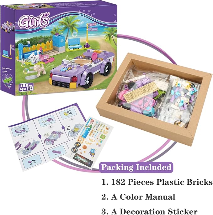 BRICK STORY Girls Friends Convertible Car Building Sets with Pet Bathing Pool Role Play Building Toys Creative Gift for Kids Aged 6-12 (182 PCS)