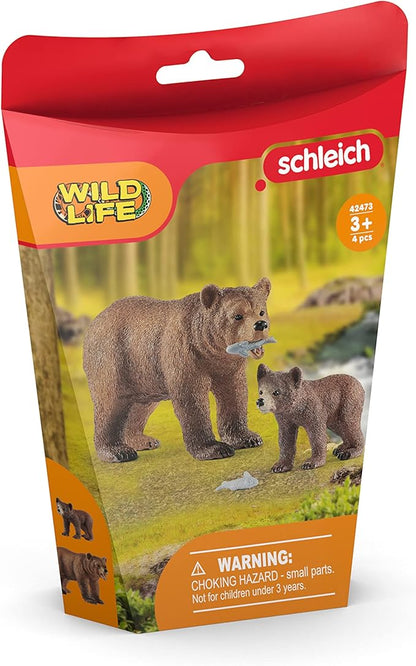 Schleich Wild Life Realistic Grizzly Bear Mother, Cub, and Fish - 4-Piece Animal Toy Playset, Durable and Educational Figurines for Fun Adventures for Boys and Girls, Gift for Kids Ages 3-8