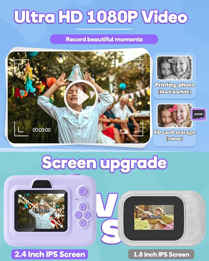Instant Print Camera for Kids,2.4 Inch Screen Kids Instant Cameras, Christmas Birthday Gifts for Girls Age 3-12, Portable Toddler Toy for 3 4 5 6 7 8 9 10 Year Old Girls Boys Purple