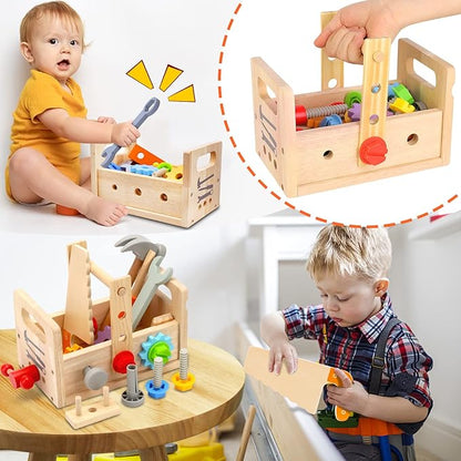Wooden Tool Set Montessori Toys for 2 3 4 5 Year Old Boy, 29Pcs Stem Toys Toddler Educational Toys Age 2-3, Tool Bench Pretend Play Construction Learning Toys for Toddler Birthday Gifts