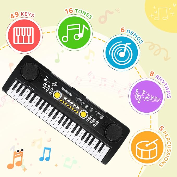 Kids Piano Keyboard with Microphone, 49 Keys Portable Electronic Piano Keyboard for Kids Beginners Ages 3 4 5 6 7, Toy Music Keyboard Birthday Xmas Gift for Girls Boys, Black