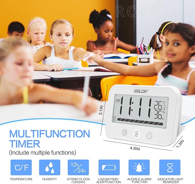 Waterproof Hanging Timer for Bathroom, Digital Kids Shower Clock with Temperature & Humidity, 99 Minutes Countdown Timer with Alarm, Water Resistant Large LCD Visual Timer, 2 Hooks Included (White)