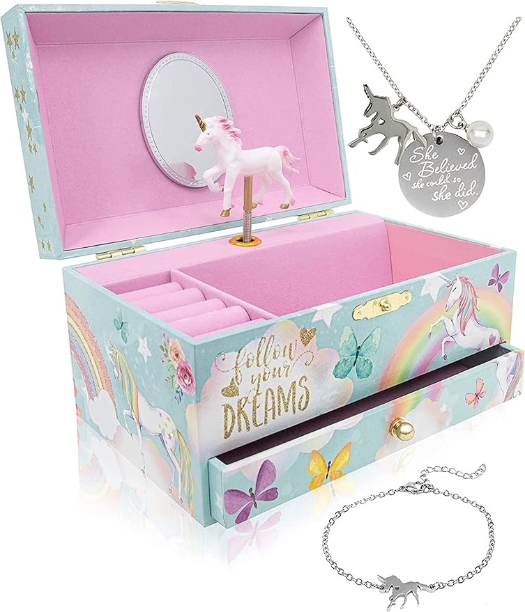 The Memory Building Co Unicorn Musical Jewelry Box Plays Classic Melody, Storage Organizer Music Box for Kids Ages 6-12, MDF Wood w/ 2 Fabric Lined Ring Bracelet Necklace Treasure Compartments