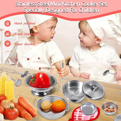 Tiny Size Cooking Pretend Play Kitchen Cooking Toys with Stainless Steel Cookware Play Pots and Pans Set，Cooking Utensils Cookware Kitchen Play Accessories Toys Cooking Pots for Toddlers Kids(Mini)
