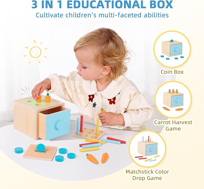 Montessori Educational Toys for 1 Year Old, 6 in 1 Learning Toys Set for Toddlers Wooden Toy Present (3-in-1 Edutational Box, Stacking Roctet Ship, Touch & Match Board, Picture Book and More)