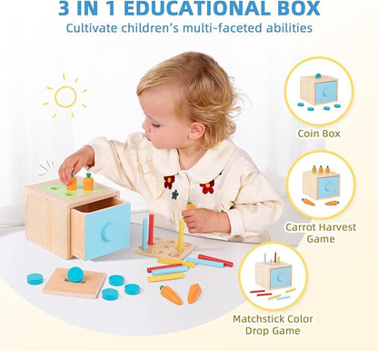 Montessori Educational Toys for 1 Year Old, 6 in 1 Learning Toys Set for Toddlers Wooden Toy Present (3-in-1 Edutational Box, Stacking Roctet Ship, Touch & Match Board, Picture Book and More)
