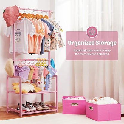Kids Clothing Rack Bamboo with 2 Storage Baskets and 2 Adjustable Hanging Rods,Child Garment Holder with Shelf, Dress up Stand for Playroom,Toddlers Bedroom (Pink)