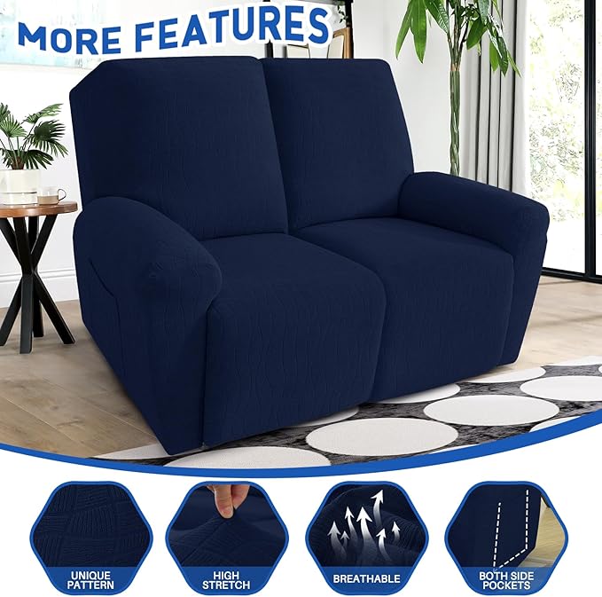 MAXIJIN Waterproof Loveseat Recliner Cover 4 Pieces Reclining Love Seat Slipcvers, Recliner Sofa Cover 2 Seater with Elastic Straps & Pockets for Pet, Kids (Loveseat Recliner, Navy Blue)