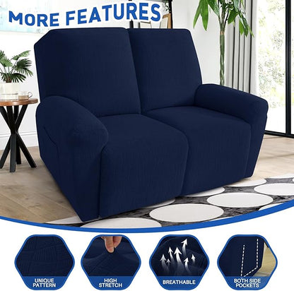 MAXIJIN Waterproof Loveseat Recliner Cover 4 Pieces Reclining Love Seat Slipcvers, Recliner Sofa Cover 2 Seater with Elastic Straps & Pockets for Pet, Kids (Loveseat Recliner, Navy Blue)