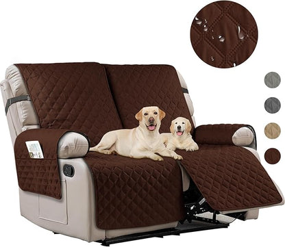 Waterproof Recliner Loveseat Sofa Cover with Pocket, 1-Piece Reversible Couch Cover for 2 Seat Recliner, Protector with Elastic Straps for Pets, Kids (Recliner Loveseat, Dark Coffee)