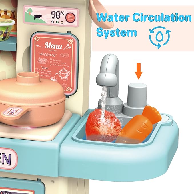 deAO Mini Kitchen Playset Toy,33 PCS Play Kitchen with Realistic Steam and Lights, Role Playing Game Pretend Food and Cooking Playset, Mini Kitchen Accessories Set for 3 4 Girls Boys