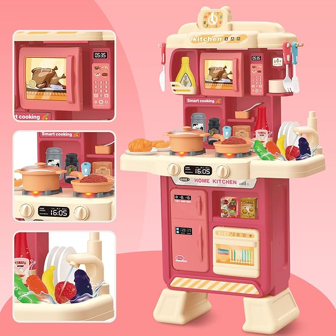deAO Kids Kitchen Playset 35PCS Play Kitchen Toys Accessories with Sounds Lights,Cooking Stove Steam,Pretend Play for Toddler Aged 3 4 5 6 7 8 Years (Red)