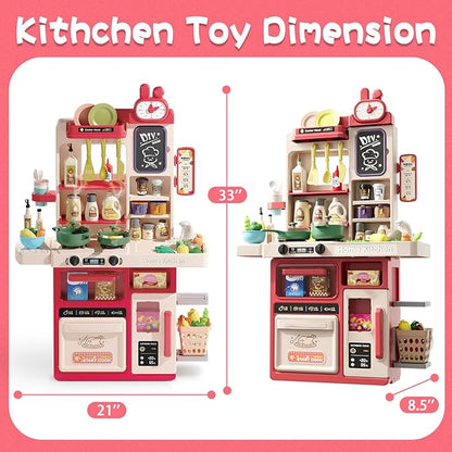 Kids Kitchen Playset Set, 63PCS Pretend Play Kitchen Toys for Toddlers, Cooking Stove with Steam Sound Light, Play Sink with Manual Faucet, Play Food Accessories Gift for Girls Boys, 33’’H