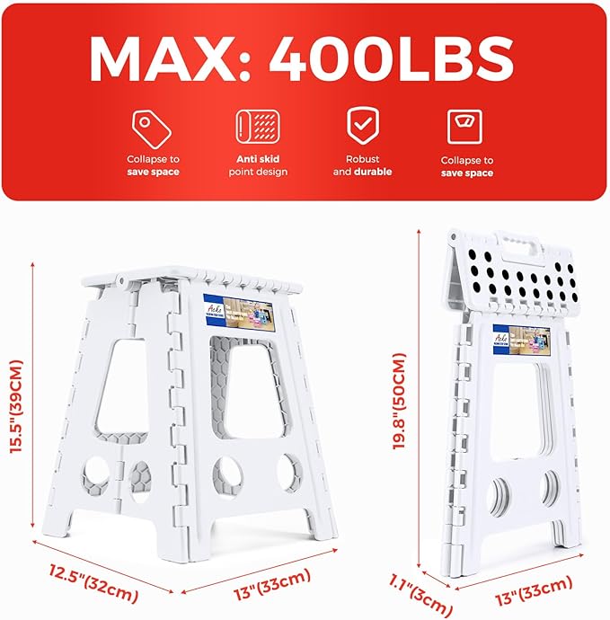 ACKO Folding Step Stool Foldable 16 Inch Stool 400 lbs Capacity,Plastic Stools for Adults and Kids,Collapsible Stool for Kitchen, Stepping Stool with Handle(White)