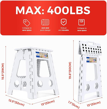 ACKO Folding Step Stool Foldable 16 Inch Stool 400 lbs Capacity,Plastic Stools for Adults and Kids,Collapsible Stool for Kitchen, Stepping Stool with Handle(White)