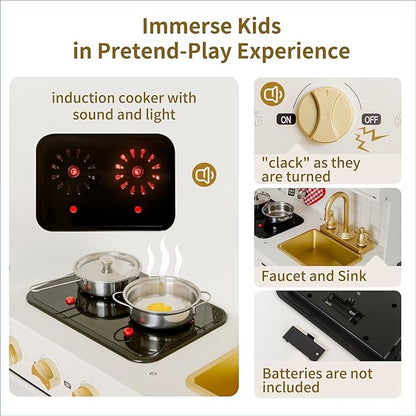 Play Kitchen Sets for Kids Ages 4-8 Pretend Wooden Kids Kitchen Playset Toy Kitchen with Real Sound& Light &Toy Storage System&12 Pcs Toddler Kitchen Accessories, for Boys and Girls,White Gold