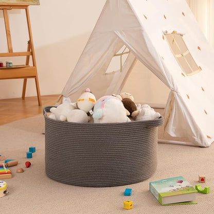 OIAHOMY 90L Blanket Basket for Living Room, Large Basket 23" x 23" x 13" with Handle, Laundry Hamper for Blankets, Pillows, Toy Storage for Kids, Dogs - Grey