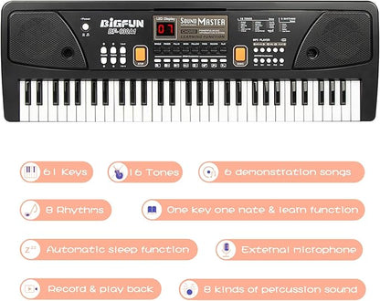 Raimy Piano Keyboard for Beginners, 61 Keys Portable Electronic Digital Piano with Microphone, Learning Educational Music Keyboard Piano for Kids Gifts Toys for Boys Girls Toddlers (Black)