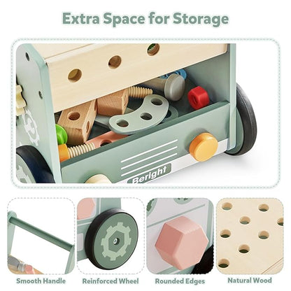 Beright Wooden Baby Push Walker, Wooden Baby Walker and Tool Toy for Toddlers, Kids Tool Bench, Baby Activity Center, Toddler Montessori Educational Toys, Green