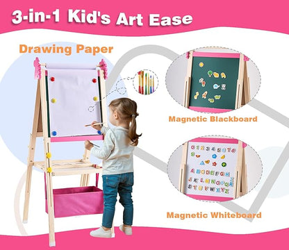 2-in-1 Double Sided Kid's Easel, Height-Adjustable Art Easel for Boys and Girls Ages 3-10, Including 100+ Accessories with Magnetic Chalkboard & Painting Board, Toddler Gifts