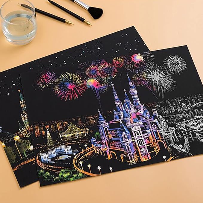 Georgie Porgy Scratch Paper Art A3 Set DIY Arts and Crafts Kits for Kids Adults, Magic Rainbow Scratch Postcard for Christmas Birthday Gift with Scratching Tools Kit (Amusement Park+ Dream Castle)