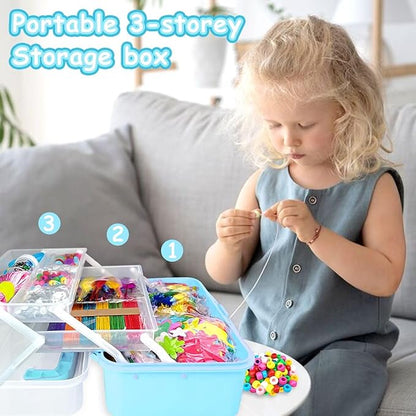 3000 Arts and Crafts Supplies for Kids Craft Kit All in 3 Layered Craft Box with Pipe Cleaners Crafts for Kids Age 4-6, 6-8, 8-12 DIY School Supplies Materials Set Toys Gifts for Girls Boys, Blue