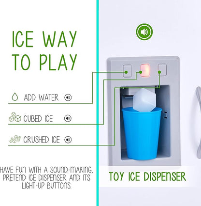 Lil' Jumbl Kids Kitchen Set, Pretend Wooden Play Kitchen, Battery Operated Icemaker, Burners, Faucet & Microwave Makes Realistic Sound & Light, Pots & Pan Included - White