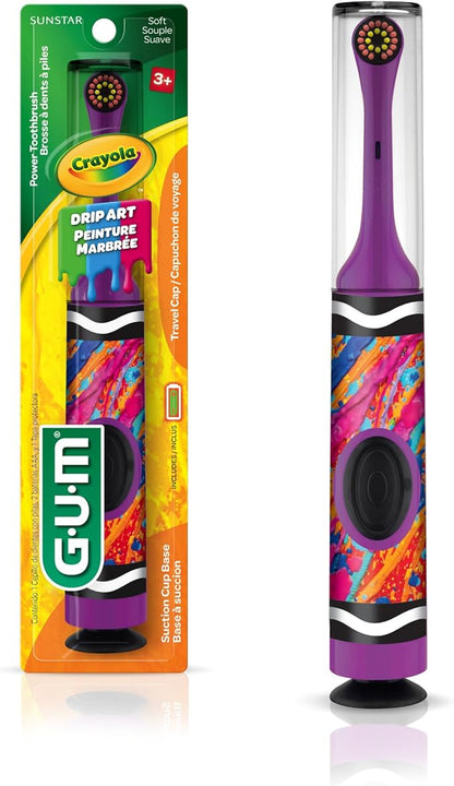 GUM Crayola Power Toothbrush for Kids, Extra Soft Bristled Toddler Toothbrushes, Travel Cap + Suction Cup Base, Batteries Included, 1ct