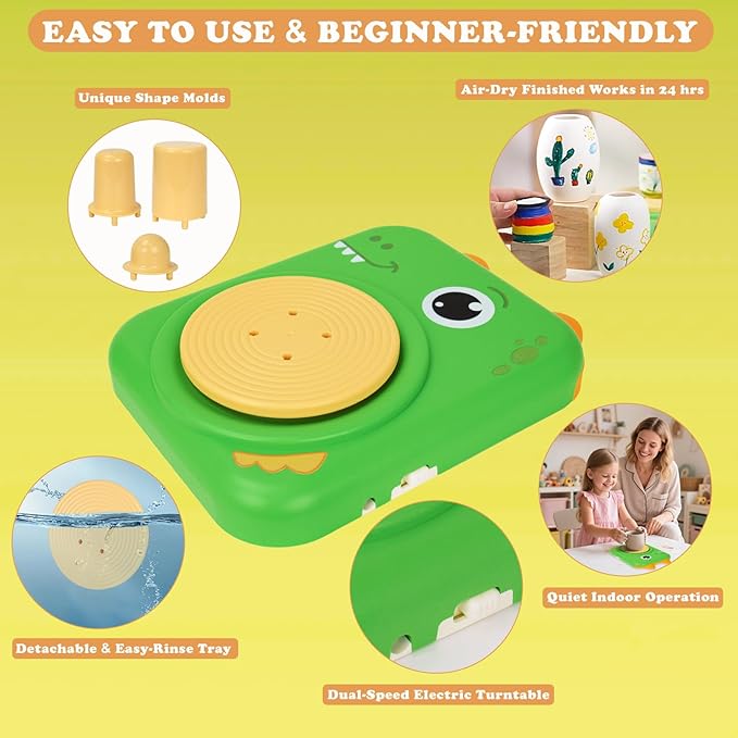 YOOIU Pottery Wheel for Kids, Complete Pottery Making Kit for Kids Ages 6-12, STEM Toys Arts Crafts with 4 Air-Dry Clays, Electric Children's Art Supplies Toy Birthday Gift for Girls 6-8-12