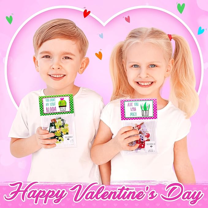 Valentines Day Gifts for Kids 8-12, 24 Pack Succulents Plants Building Blocks Kit With Gift Cards for Kids School Classroom, Class Valentines Gift Exchange, Kids Party Favors Stuffers Fillers