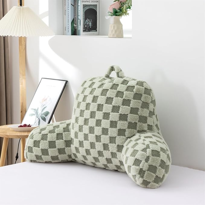 Aimuan Reading Pillow Checkered Bed Rest Wedge Backrest Checkerboard Pillow with Arms Back Support for Sitting Up in Bed Cushion Incline Rest Sleeping Snoring Pillow, Light Green