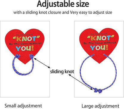50 Pieces Valentines Knot Bracelets with Cards Kids Nylon Bracelet with Greeting Card Wishes Woven Friendship Bracelets for Valentine's Day Party Favor Supplies