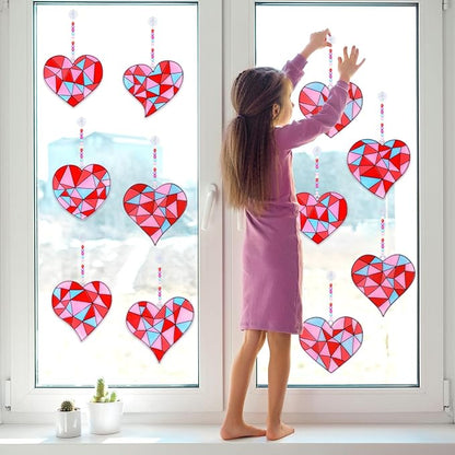 Qyeahkj 32 Sets Valentine's Day Suncatcher Crafts Kit for Kids DIY Heart Window Paint Suncatcher Arts Crafts Valentines Window Ornament Decor for Valentine's Day Gift Classroom Art Project Gift Favor