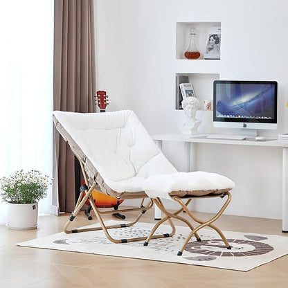 Comfy Saucer Chair with Ottoman, Oversized Folding Faux Fur Chair Soft Furry Lounge Lazy Chair with Metal Frame Moon Chair Accent Chair for Bedroom, Living Room, Dorm Rooms