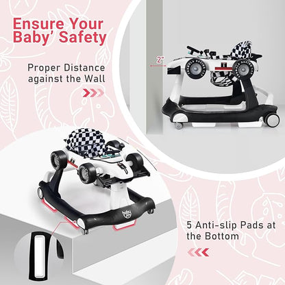 BABY JOY 4-in-1 Baby Walker, Foldable Activity Walker with Adjustable Height & Speed, Music, Lights, Anti-Rollover, Toddler Push Walker, Baby Walker with Wheels for Boys Girls 6-18 Months (White)