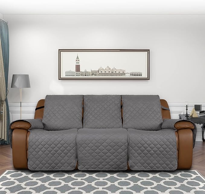 Easy-Going Oversized Recliner Sofa Cover, Reversible Couch Cover for 3 Seat Recliner, Split Sofa Cover for Each Seat with Elastic Straps for Kids, Dogs, Pets (3 Seater, Gray/Gray)