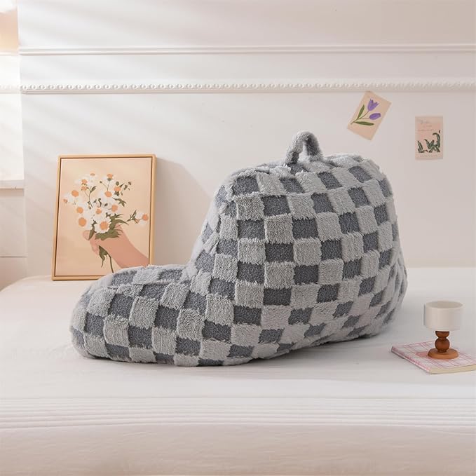 Aimuan Reading Pillow Checkered Bed Rest Wedge Backrest Checkerboard Pillow with Arms Back Support for Sitting Up in Bed Cushion Incline Rest Sleeping Snoring Pillow (Grey,Large)