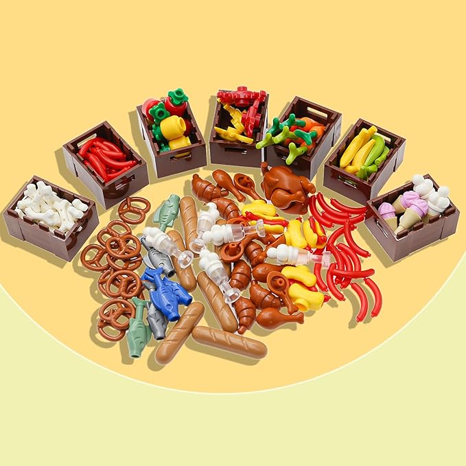 190 Pcs Supermarket Building Block Set Compatible with City-Food, Restaurant-Kitchen Kit with Hotdog-Stall-Ice-Cream-Turkey-Banana Handcart Fish Crab