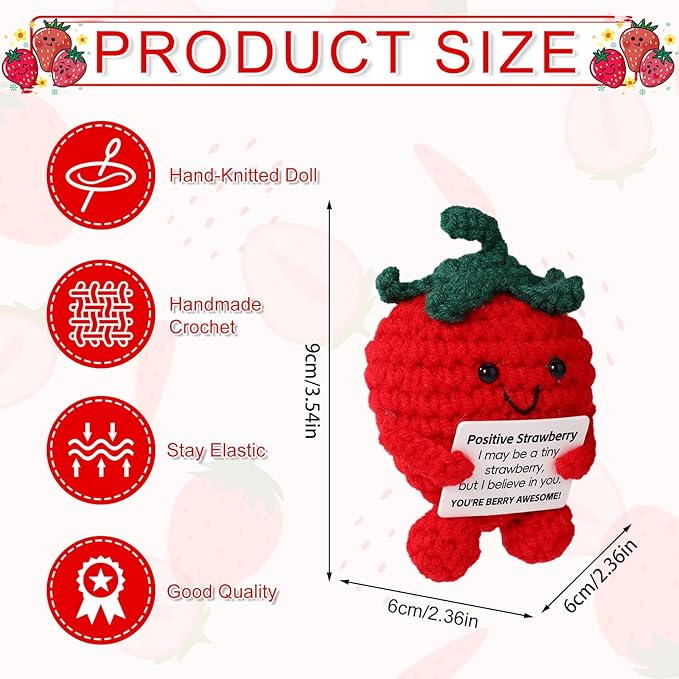 Cute Positive Strawberry, Crochet Strawberry Emotional Doll Support Fruit Knitted for Empowering Gift Home Office Decoration (Red)