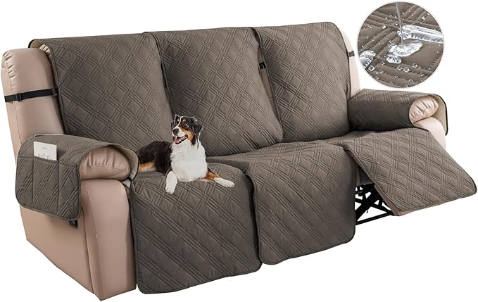Easehomey Waterproof Recliner Sofa Cover,Non-Slip Reclining Sofa Covers for 3 Seat,Washable Reclining Sofa Cover Furniture Protector with Elastic Straps Pocket for Kids, Pets(Taupe,3Seat)