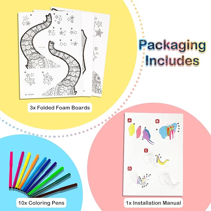 Hautton 3D Coloring Puzzle, Creative DIY Painting Puzzle Set Toy with 10 Coloring Pens, Fun Arts Crafts Gift for Kids Age 3 4 5 6 7 8 9 10 11 12 -Elephant