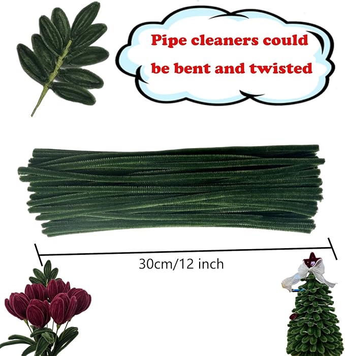 Swpohrat 100 Pieces Pine Green Pipe Cleaner Craft Set,Thick Fuzzy Chenille Stem Pipe Cleaners for DIY Craft Projects and Decorations