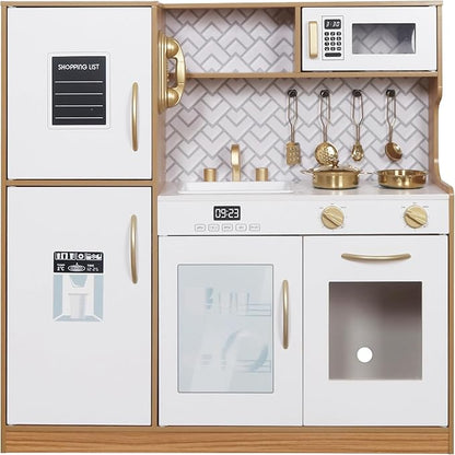 Wooden Play Kitchen Toy Set with Light, Kids Children Pretend Toy Kitchen Playset, Sink Play Toy Oven with Microwave,Toddler Cooking Set Toy for Ages 3+