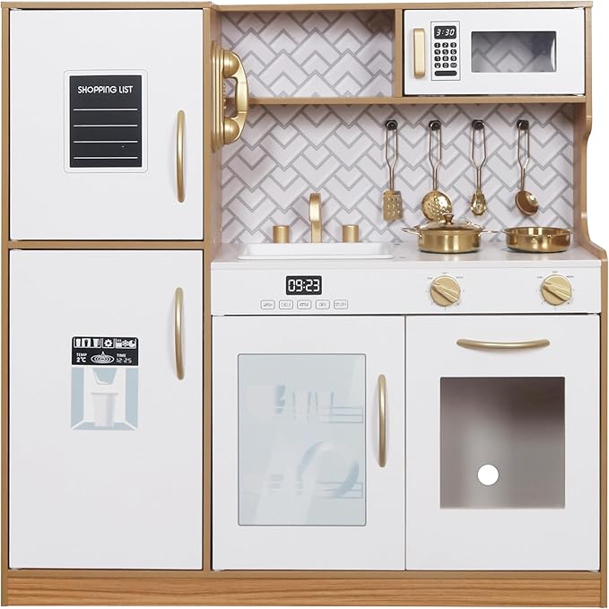 Wooden Play Kitchen Toy Set with Light, Kids Children Pretend Toy Kitchen Playset, Sink Play Toy Oven with Microwave,Toddler Cooking Set Toy for Ages 3+