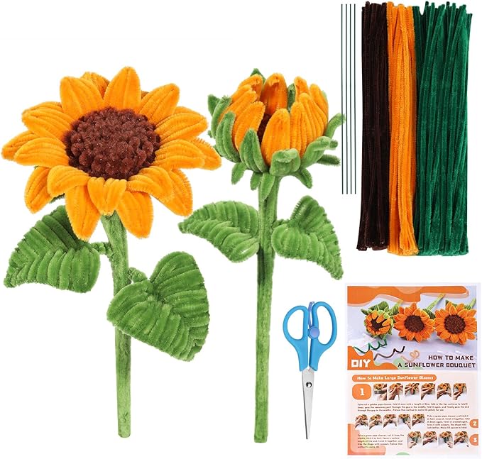 190PCS Pipe Cleaners Chenille Stem Craft Flower Supplies, Pipe Cleaner Flowers Crafts, Pipe Cleaner Sunflowers Kit with Instructions, 3 Colors Pipe Cleaners Set for DIY Craft Decorations-2 Flowers