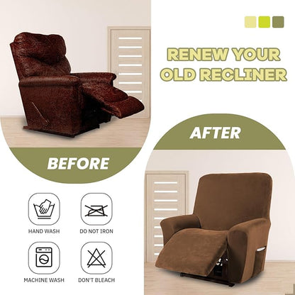 AZON Velvet Stretch Recliner Chair Cover,1-Piece Washable Recliner Couch Cover with Elastic Furniture Protector for Pets, Kids(Recliner, Camel)