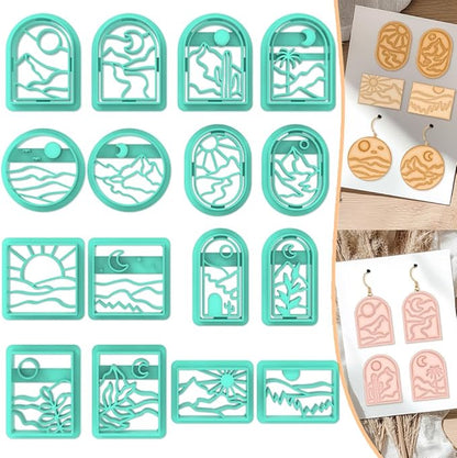 ACRNIGHEET Boho Clay Cutters - 16 Shapes Sun and Moon, Landscape Polymer Clay Cutters for Jewelry, Earring Making Kit With Storage Box
