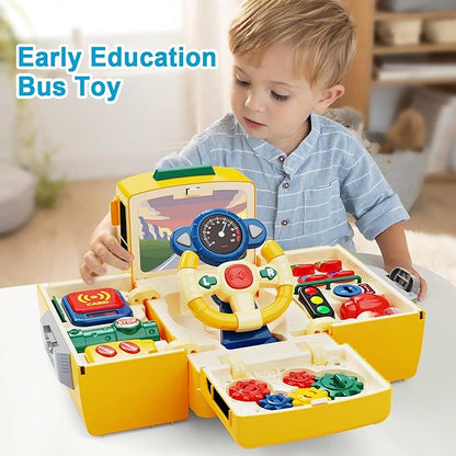 HONGTUO School Bus Toy with Sound and Light, Simulation Steering Wheel Gear Toy, Toddlers School Bus Toys with Music Education Knowledge Simulation Driving Bus Toys, Gift for 1-3-5 Boys & Girls