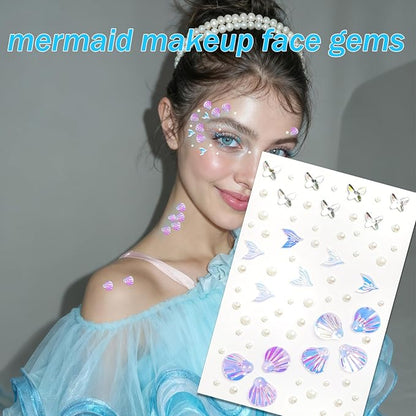 NOOEPC Mermaid Makeup Face Gems, Face Jewels Face Glitter, Shell Mermaid Flower Eye Rhinestone, Festival Essentials, Dance Performances Parties and Stage Cosplay Princess Makeup